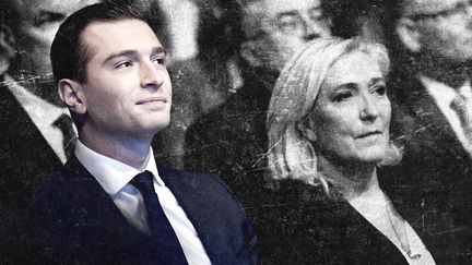 Jordan Bardella et Marine Le Pen lors d'un meeting de la campagne présidentielle,&nbsp;le 5 février 2022 à Reims (Marne). (STEPHANE DE SAKUTIN / AFP / ELLEN LOZON / FRANCEINFO)
