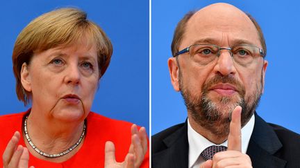 Angela Merkel le 29 août 2017 à Berlin (gauche) et Martin Schulz le 27 juin à Berlin (droite). (TOBIAS SCHWARZ / AFP)