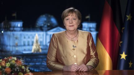 La chancelière allemande, Angela Merkel, lors de ses vœux&nbsp;du Nouvel An, retransmis à la télévision le 31 décembre 2020. (MARKUS SCHREIBER / POOL / AFP)