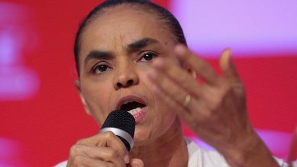 Marina Silva, le 1er avril 2014, lors d'un déjeuner-débat avec des entrepreneurs auquel participait le candidat socialiste à la présidentielle, Edouardo Campos, décédé accidentellement le 13 août 2014. (VANESSA CARVALHO / BRAZIL PHOTO PRESS)