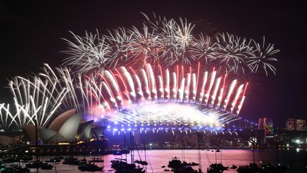 A Sydney (Australie), un feu d'artifice&nbsp;est tiré au-dessus de l'Opéra de la ville&nbsp;et de nombreux spectateurs&nbsp;sont&nbsp;massés dans le port à bord de bateaux et d'embarcations diverses pour assister aux festivités.
 (SAEED KHAN / AFP)