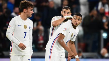 Le trio Griezmann-Benzema-Mbappé, ici face à la Belgique le 7 octobre à l'Allianz Stadium de Turin, sera très attendu pour la finale de la Ligue des nations face à l'Espagne (FRANCK FIFE / AFP)