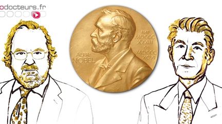 Portraits de James Allison (à gauche) et Tasuku Honjo (à droite), encadrant la médaille Nobel. (crédit images : © Nobel Media)