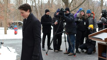 Le Premier ministre canadien Justin Trudeau, après avoir annoncé sa démission, le 6 janvier 2025 à Ottawa (Canada). (DAVE CHAN / AFP)