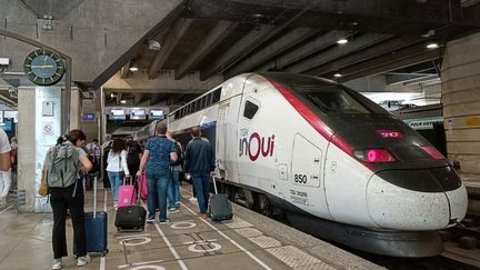 Des passagers embarquent dans un TGV à la gare Montparnasse, à Paris, le 7 juin 2023. (RICCARDO MILANI / AFP)