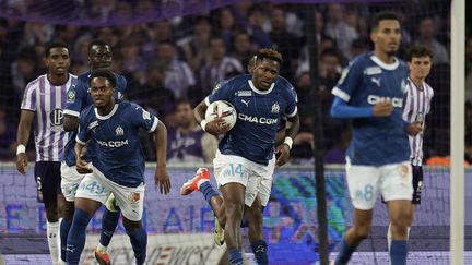 Faris Moumbagna face à Toulouse en Ligue 1, le 21 avril 2024. (VALENTINE CHAPUIS / AFP)