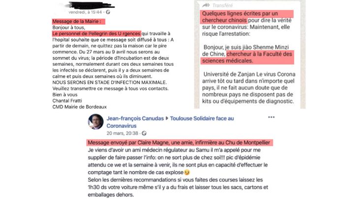 Des captures d'écran de message alarmistes sur le coronavirus, partagés via les réseaux sociaux. (CAPTURES ECRAN)