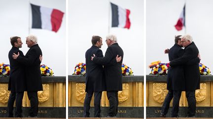 Emmanuel Macron et son homologue&nbsp;Frank-Walter Steinmeier le 10 novembre 2017 au&nbsp;Hartmannswillerkopf, dans le Haut-Rhin.&nbsp; (BERND VON JUTRCZENKA / DPA)