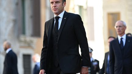 The President of the Republic, Emmanuel Macron, arrives at Palazzo Montecitorio, which hosts the Italian Chamber of Deputies, Tuesday September 26, 2023. (FILIPPO MONTEFORTE / AFP)