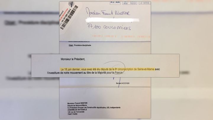 Dans le second courrier d'exclusion envoyé à Franck Riester, LR lui attribue la 6e circonscription de Seine-et-Marne.&nbsp; (RADIO FRANCE)