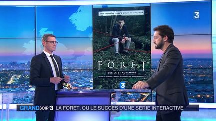 L'acteur Frédéric Defenthal devant l'affiche&nbsp;de la série télévisée La Forêt (France 3)