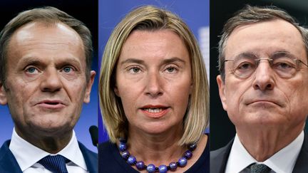 De gauche à droite : Donald Tusk,&nbsp;Federica Mogherini, Mario Draghi et Jean-Claude Juncker. (photo d'illustration)&nbsp; (JOHN THYS / AFP)