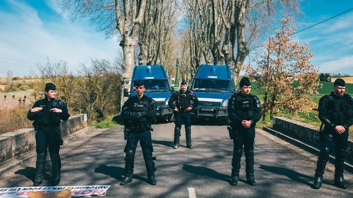 Des gendarmes mobiles empêchent les manifestants de perturber l'abattage des arbres, le 22 mars 2023 à Vendine (Haute-Garonne). (PATRICK BATARD / HANS LUCAS / AFP)