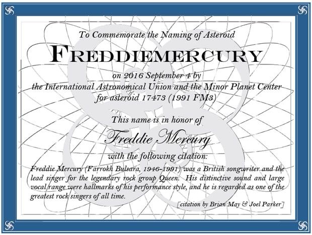 Le certificat officiel de l'astéroïde Freddie Mercury.
 (International Astronomical Union and The Minor Planet Center)