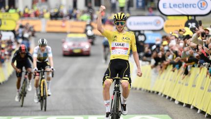 Tadej Pogacar, le poing levé au sommet de&nbsp;Luz Ardiden, pour sa troisième victoire d'étape sur le Tour de France 2021, le 15 juillet. (PHILIPPE LOPEZ / AFP)