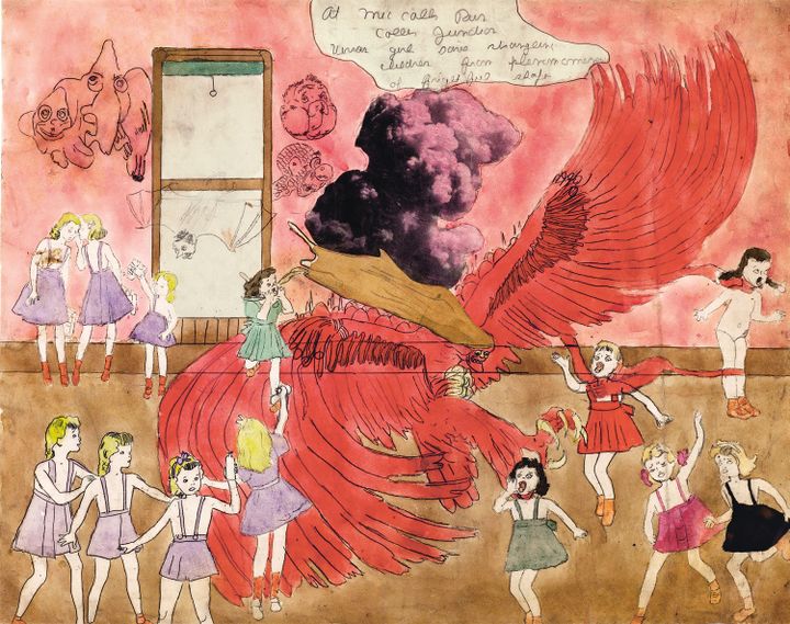 Henry Darger, "à Mc Calls Run Coller Junction une Vivian Girl sauve des enfants étranglés par un phénomène de forme effroyable"
 (Eric Emo / Musée d&#039;Art Moderne / Roger-Viollet © 2015 Kiyoko Lerner / ADAGP, Paris)