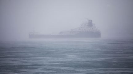 Detroit (Michigan), le 6 janvier 2014. Neige s'abat sur la Detroit River, gel&eacute;e par endroits. Cargo dans la brume glaciale&nbsp; (JOSHUA LOTT / GETTY IMAGES NORTH AMERICA / AFP)