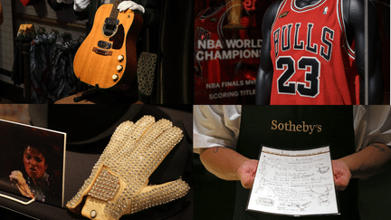 De gauche à droite et de haut en bas : la guitare de Kurt Cobain, le maillot de Michael Jordan, le gant de Michael Jackson et le manuscrit de "Like a Rolling Stone" de Bob Dylan. (DANIEL LEAL / AFP ; ANGELA WEISS / AFP ; TREVOR COLLENS / PHOTOSHOT / MAXPPP ; ANDREW GOMBERT / MAXPPP.)