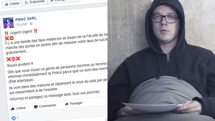 Un hoax relayé sur Facebook ( à gauche) et Nico Semsrott dans une vidéo sur YouTube (à droite).&nbsp; (FACEBOOK / YOUTUBE / DR)