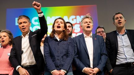 Olivier Faure (PS), Marine Tondelier (Les Ecologistes), Fabien Roussel (PC) et François Ruffin (LFI), à Paris le 17 janvier 2023. (SAMUEL BOIVIN/NURPHOTO)