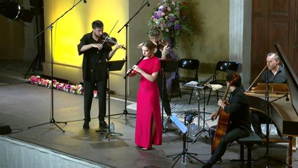 Dutch flautist Lucie Horsch accompanied by the Caravansérail ensemble during her concert at the Menton Music Festival (Alpes-Maritimes), Tuesday July 30, 2024. (FRANCE 3 COTE D'AZUR)