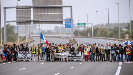 Des manifestants sur l'autoroute, le 5 septembre 2016, près de Calais. (PHILIPPE HUGUEN / AFP)