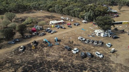 Une vue aérienne des dégâts au festival Tribe of Nova en Israël, après l'attaque du Hamas, le 10 octobre 2023. (PICTURE ALLIANCE / PICTURE ALLIANCE)