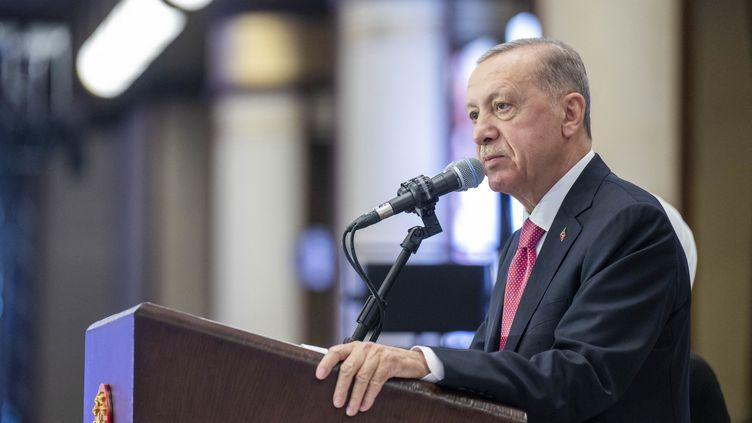 Turkish President Recep Tayyip Erdogan is sworn in for his third term as head of the country on June 3, 2023. (AYTAC UNAL / ANADOLU AGENCY / AFP)