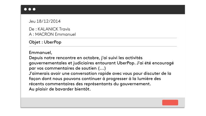 Reconstitution d’un e-mail du PDG d’Uber, Travis Kalanick, à Emmanuel Macron, alors ministre de l’Économie, traduit de l’anglais et issu des Uber Files. (UBER FILES / CELLULE INVESTIGATION DE RADIO FRANCE)