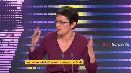 Nathalie Arthaud, candidate de Lutte Ouvrière, le 12 février. (FRANCEINFO)