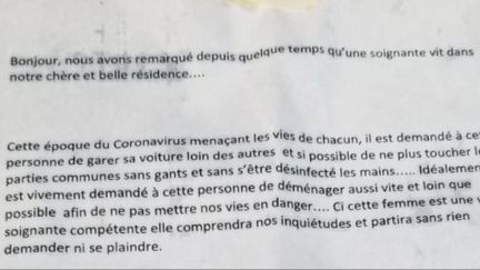 Extrait de la lettre anonyme reçue fin mars par des infirmières habitant à Bayonne. (FRANCE 3 Euskal Herri Pays Basque)