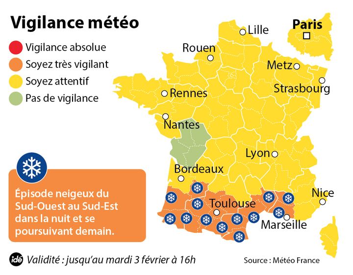 &nbsp; (La carte de vigilance de Météo France © Idé)