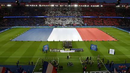 Un drapeau géant est étendu sur la pelouse du Parc des Princes à Paris, le 28 novembre 2015. (AFP)