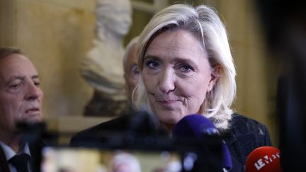 La députée Marine Le Pen, présidente du groupe Rassemblement national à l'Assemblée, le 11 décembre 2023 à Paris. (LUDOVIC MARIN / AFP)