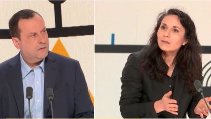 Emmanuel Cugny et&nbsp;Sabina Issehnane dans "Les débats de l'éco" le 19 mars 2022 (FRANCEINFO / RADIO FRANCE)