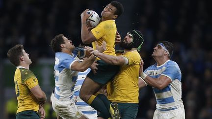 Les Australiens ont battu les Argentins en demi-finale de la coupe du monde de rugby, le 25 octobre &agrave; Twickenham. (ADRIAN DENNIS / AFP)