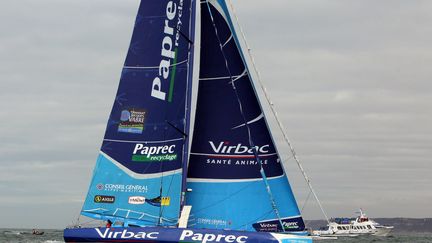 Le monocoque "Virbac-paprec 3" pendant le prologue de la Transat Jacques Vabre, le 30 octobre au Havre.&nbsp; (KENZO TRIBOUILLARD/AFP)