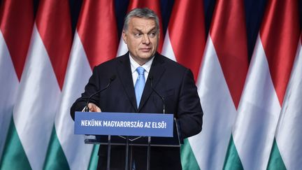 Le Premier ministre hongrois, Viktor Orban, lors d'un discours devant les membres et sympathisants de son parti Fidesz, le 10 février 2019 à Budapest (Hongrie).&nbsp; (ATTILA KISBENEDEK / AFP)