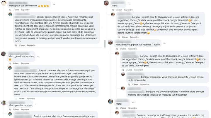 Des exemples de messages semblables à ceux envoyés par des "brouteurs" pour arnaquer des victimes, repérés dans les commentaires de pages Facebook dédiés à la cuisine. (FACEBOOK)