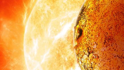 Une reproduction de l'exoplan&egrave;te&nbsp;Kepler-78b, en orbite autour de son soleil. (DAVID A. AGUILAR / NASA / AFP)