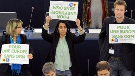 Des députés européens écologistes demandent une Europe sans OGM lors d'une séance au parlement de Strasbourg (9 mars 2010). (PATRICK HERTZOG / AFP)