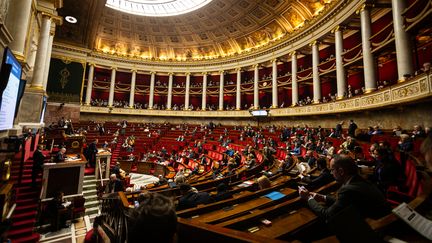 L'hémicycle de l'Assemblée nationale à Paris, le 12 avril 2024. (TELMO PINTO / NURPHOTO / AFP)