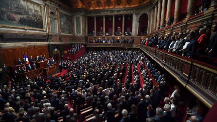 Les députés et sénateurs se sont réunis en Congrès à Versailles pour écouter le discours du président de la République, lundi 3 juillet. Il a notamment proposé une réforme des institutions.&nbsp; (ERIC FEFERBERG / POOL)