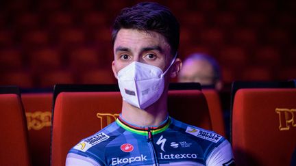 Julian Alaphilippe lors de la présentation de son équipe, Soudal Quick-Step, le 6 janvier 2023. (AFP)