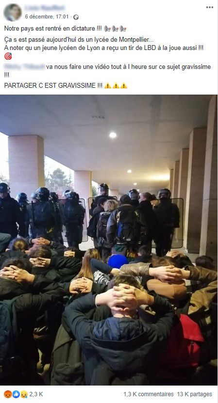 Un post Facebook montrant des étudiants à genoux devant des CRS. (CAPTURE ECRAN FACEBOOK)