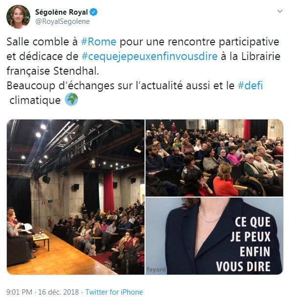 Tweet de Ségolène Royal le 16 décembre 2018 lors d’une dédicace de son livre "Ce que je peux enfin vous dire", à Rome.&nbsp; (CAPTURE D'ECRAN TWITTER)