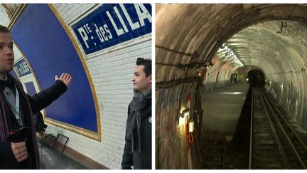 Stéphane Dos Santos, un conférencier RATP fait découvrir la station Porte des Lilas- Cinéma à un groupe de visteurs. La visite se poursuit à la station Haxo (photo de droite), recouverte de tags.
 (France 3 Culturebox)