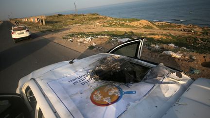 The vehicle of the NGO World Central Kitchen, hit by Israeli fire, on April 1, 2024 in Gaza.  (YASSER QUDIHE / MIDDLE EAST IMAGES VIA AFP)