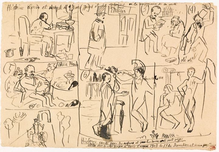 Esquissée en quelques traits rapides, cette œuvre de Picasso évoque une planche de bande dessinée et montre l’apothéose fantasmée et burlesque du poète Max Jacob. (Musée Picasso  © Succession Picasso 2020)