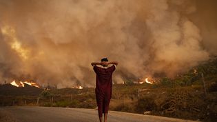 Feux de forêt dans la région de Chefchaouen, dans le nord du Maroc, le 15 août 2021.&nbsp; (FADEL SENNA / AFP)